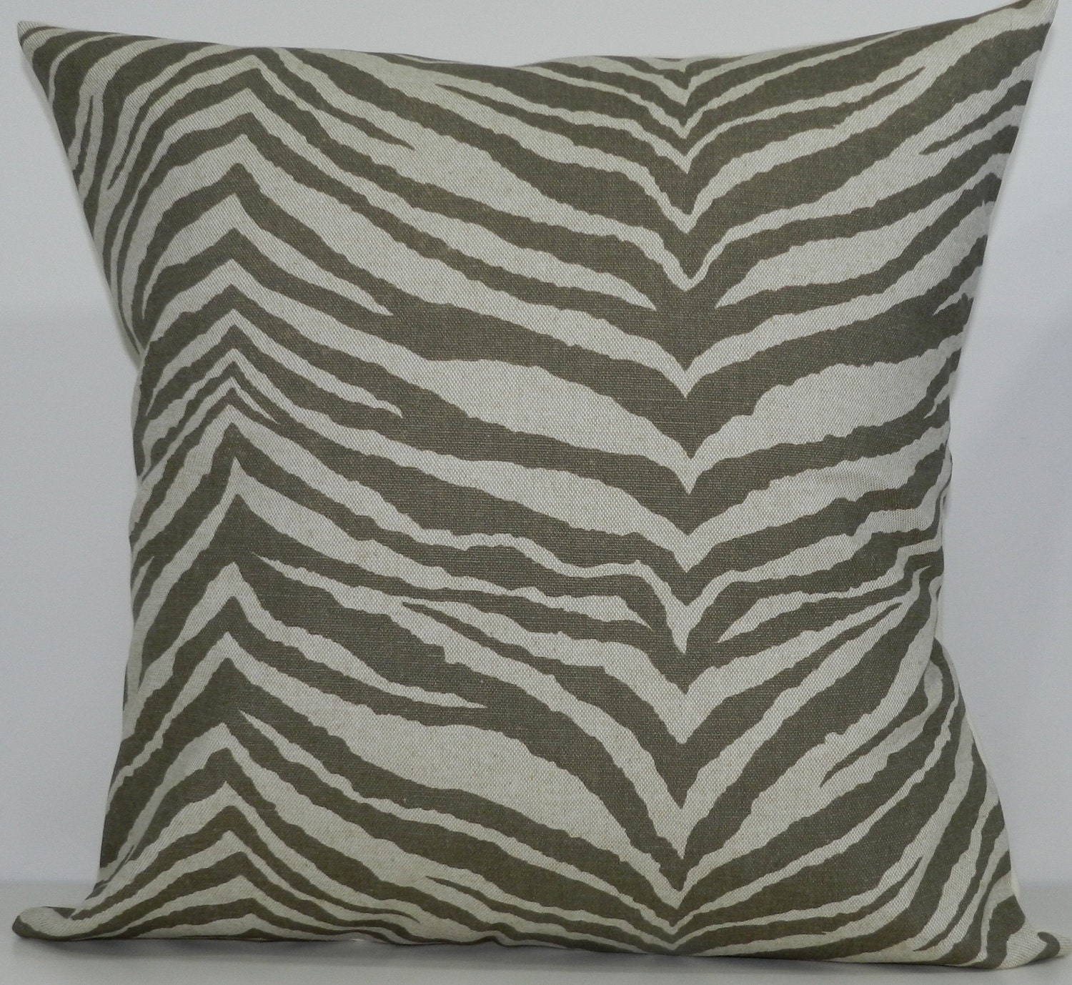 New 18x18 inch Designer Handmade Pillow Case. Zebra print in kelp and linen color fabric.