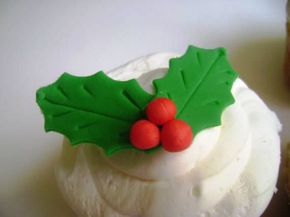 24 Fondant Christmas Holly Cupcake Toppers