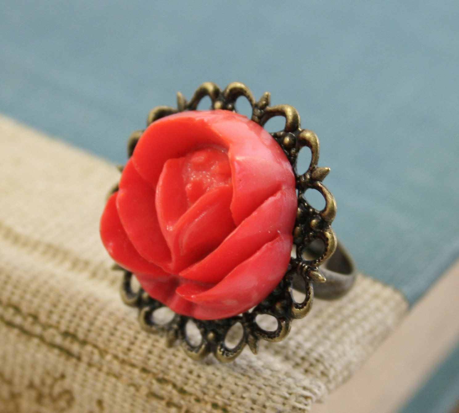 coral rose ring - antiqued brass filigree setting - vintage button