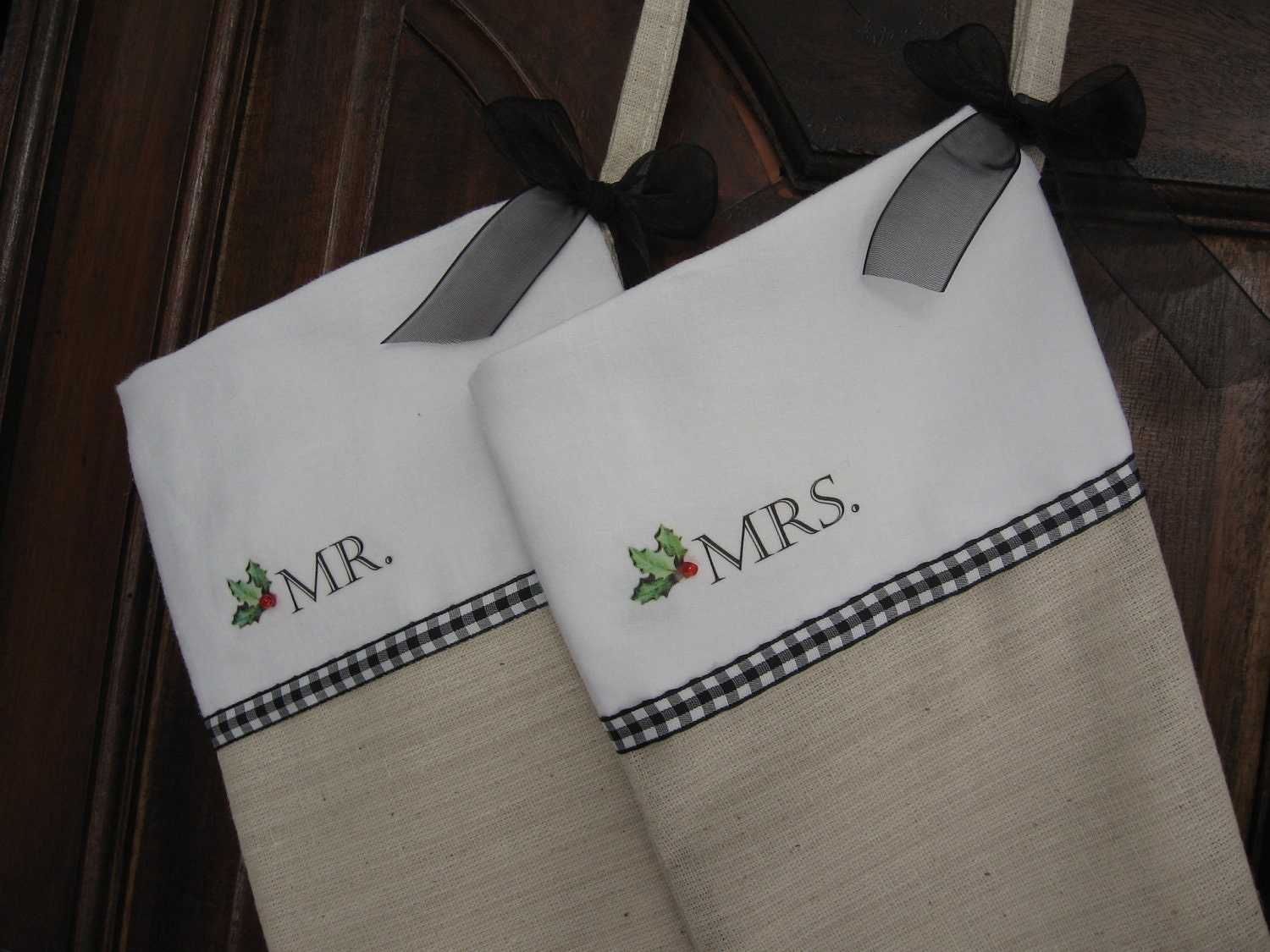 Personalized MR and MRS Christmas Stockings, Custom Christmas Stocking, Holly Leaf - Set of Two