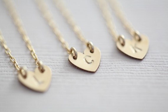 Bridesmaid gift package - 3 gold filled tiny initial heart necklaces (Made to order)