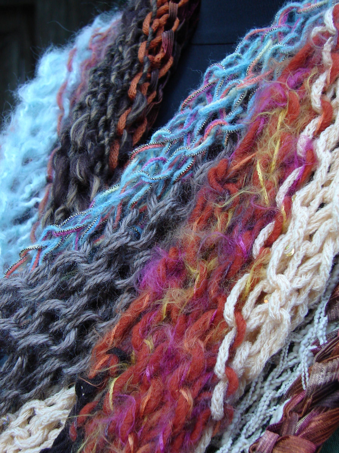 Impressionist Scarf (num. 4) in Autumn Colors with Specialty Yarns Knit in a Diagonal Stripe
