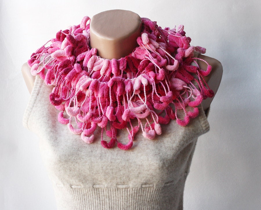 Multicolor crochet scarf - mulberry cocoon pompom variegated pink  pink burgundy winter accessories