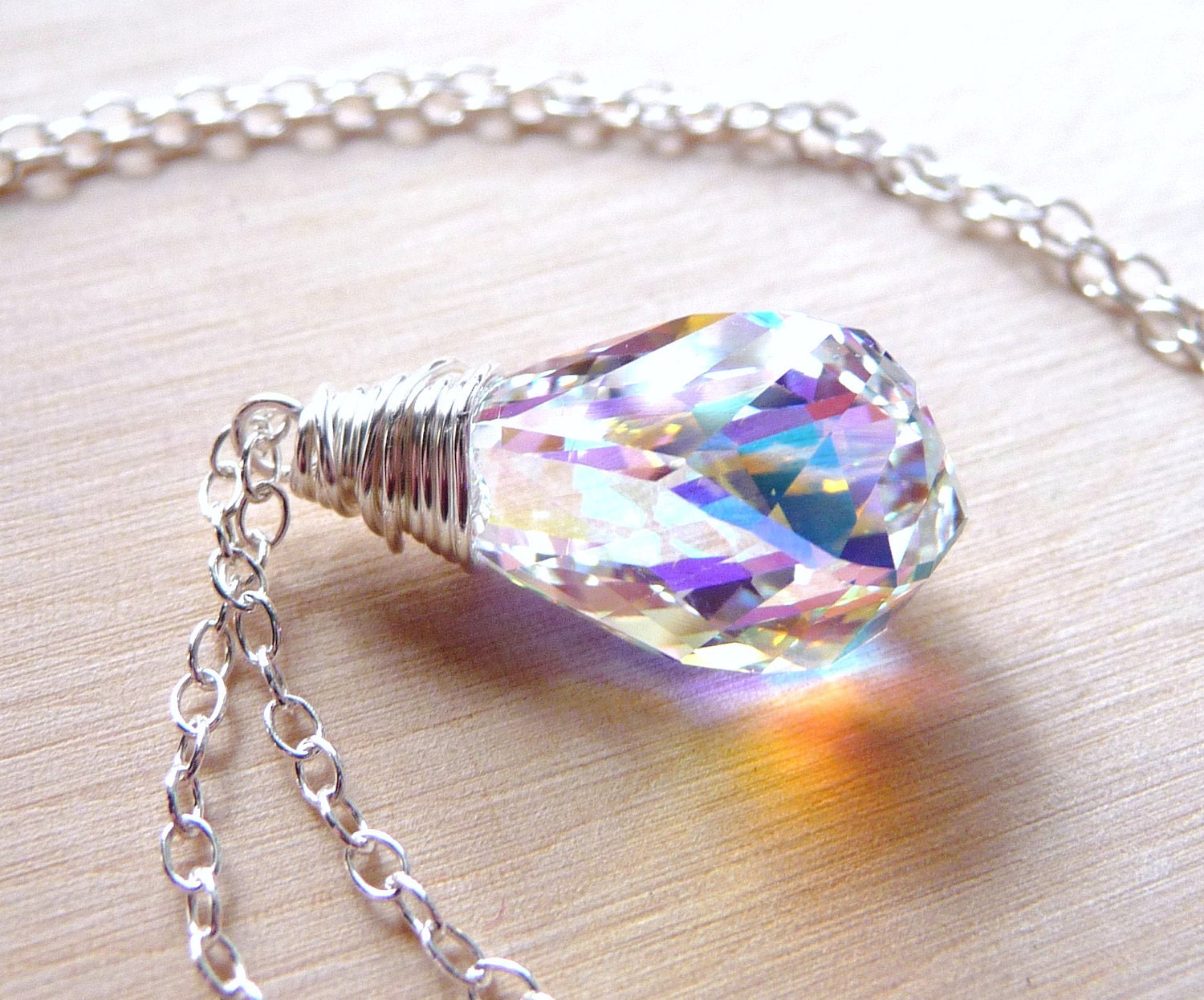 Swarovski Aurora Borealis Crystal Necklace, Wire Wrapped Glass Helix Teardrop, Sterling Silver Necklace, Under 50 Fashion For Women