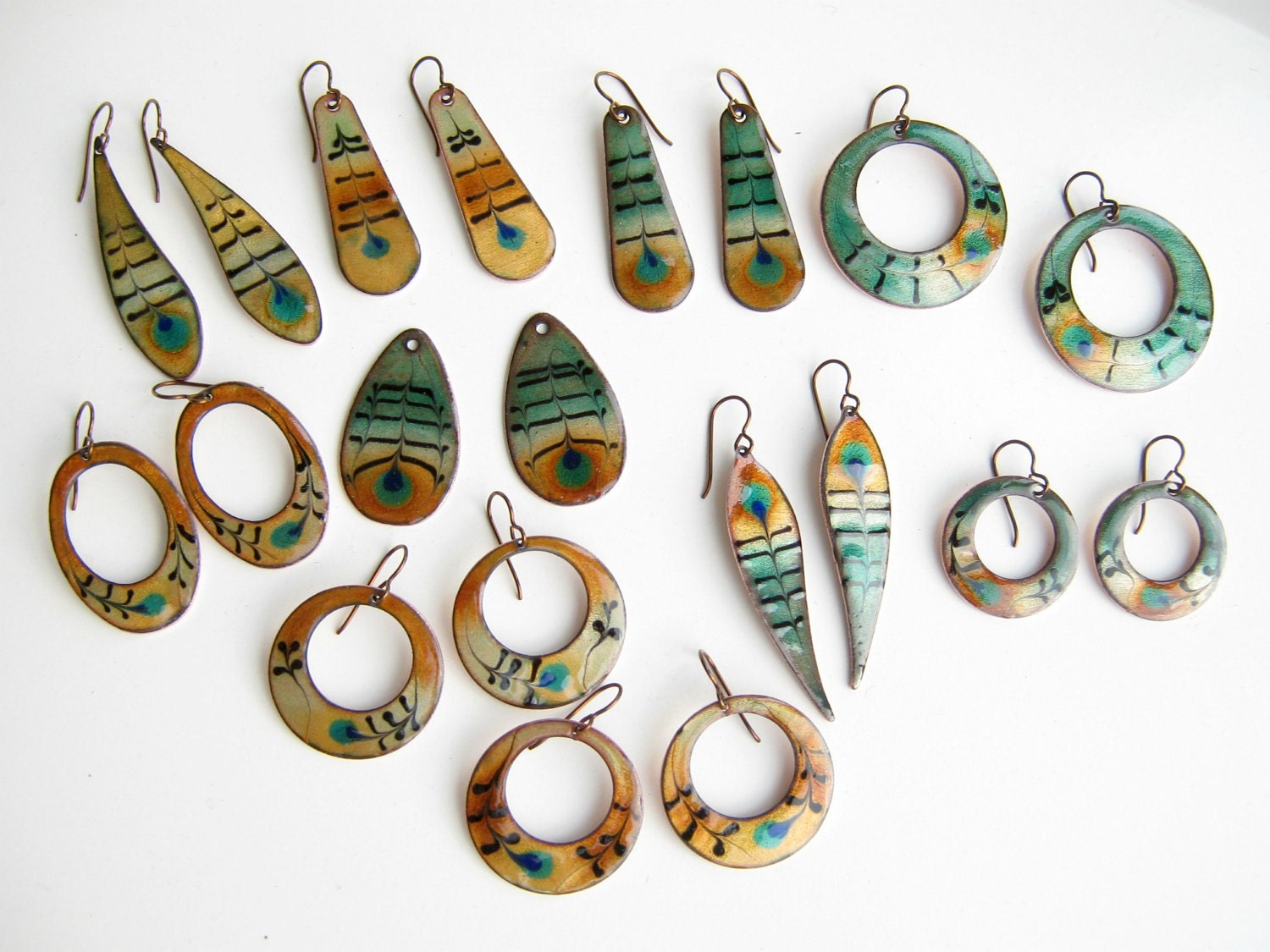 Peacock feather hoop earrings- copper enamel with niobium earring hooks