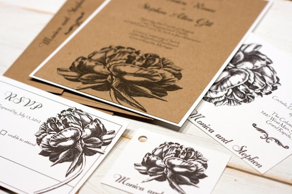 Natural Peony Vintage Botanical Engraving Wedding Invitation Suite by Lemon Square Designs
