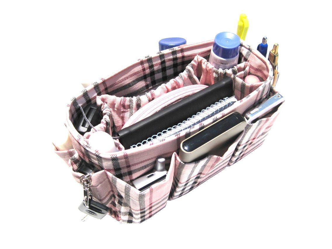Handmade Gift Purse Organizer Pocket Insert / Pink Plaid / Medium 22x8cm