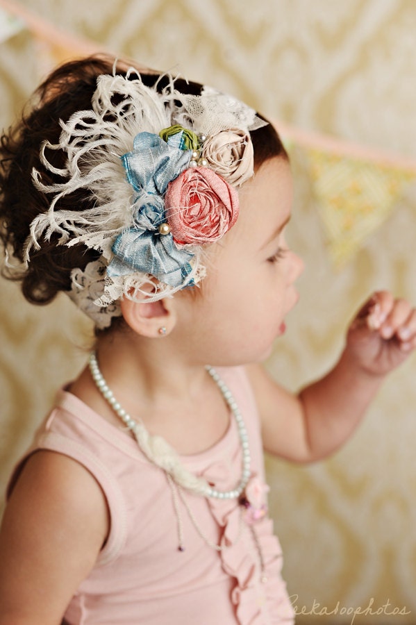 mademoiselle silk bow rosette headband with feathers