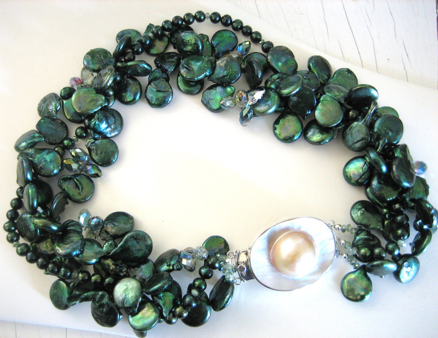 Forest Green PEARLS and Crystals with MABE PEARL Clasp Necklace