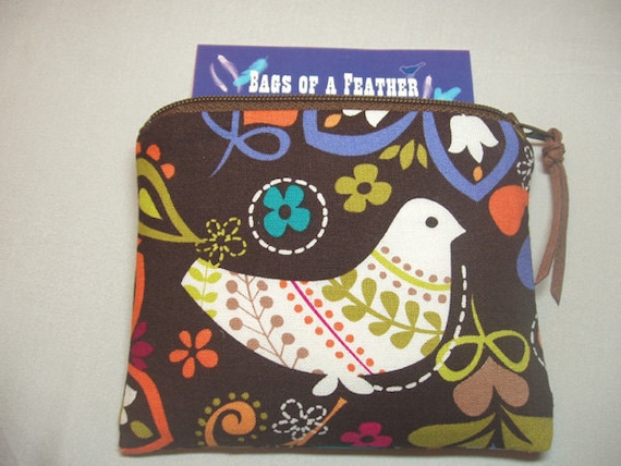 Padded Petite Phone Pouch Coin Purse Change Purse in Espresso Birds of Norway Print