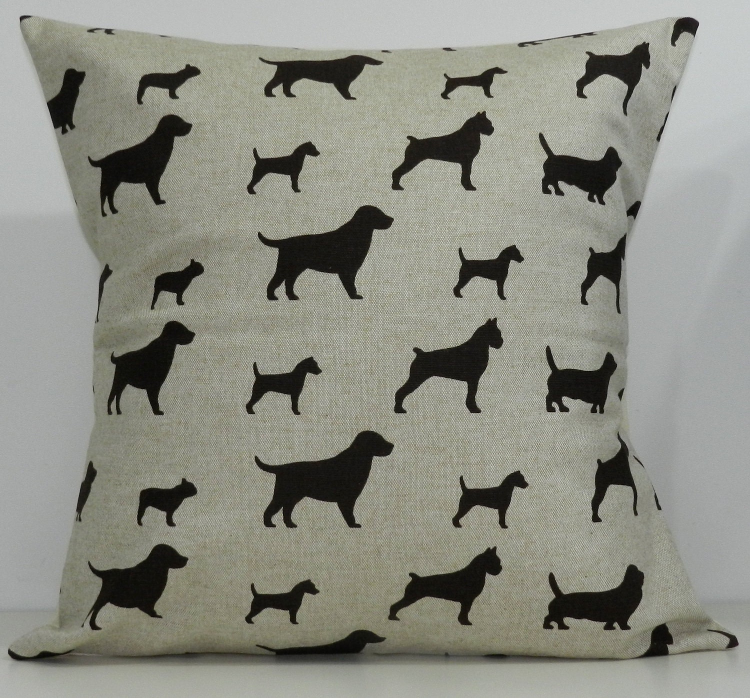 New 18x18 inch Designer Handmade Pillow Case in brown and linen dogs.