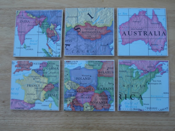Coaster Set - 6 Repurposed Tile Coasters with World Map Images