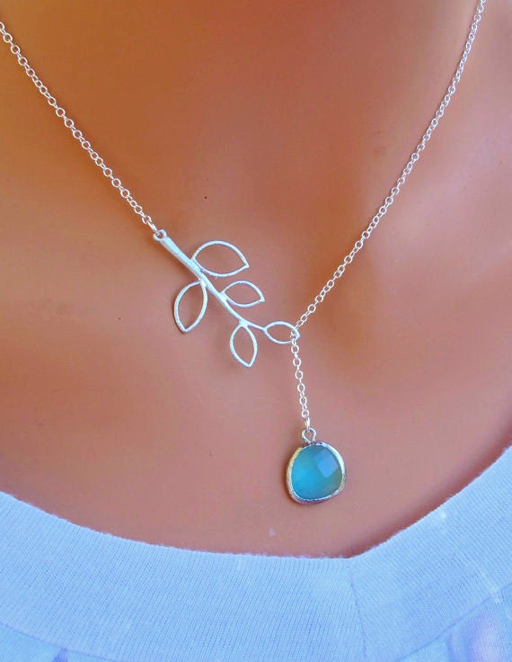 Aqua Blue and Branch Sterling Silver Necklace Bridal Wedding