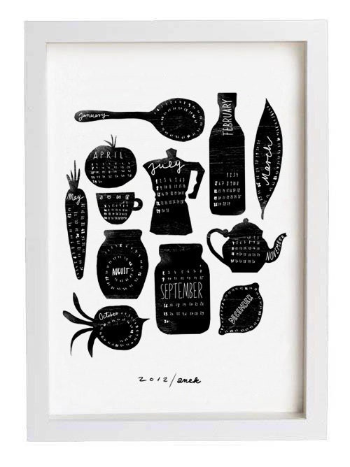 2012 Calendar - Anek Kitchen Art Print - 11x15" - Black and white