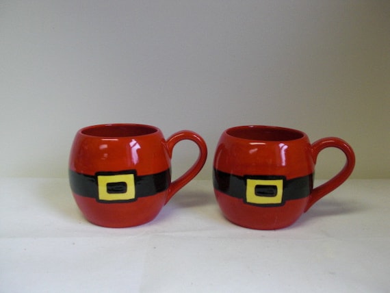 Whimsical Ceramic Large Round Santa Belly Mugs - Handpainted in Red and Black