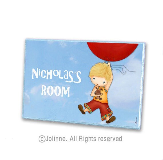Custom door sign for children boys room or nursery, children housewares , Boy flying an airplane door hanger illustration, children decor