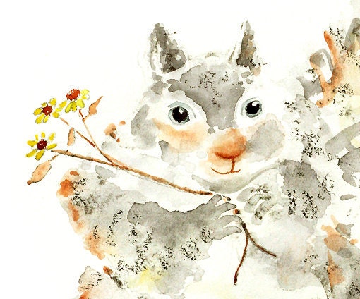squirrel art, woodland nursery art, baby art, watercolor art, neutral colors - Chipper Sweet Fluff 8x10