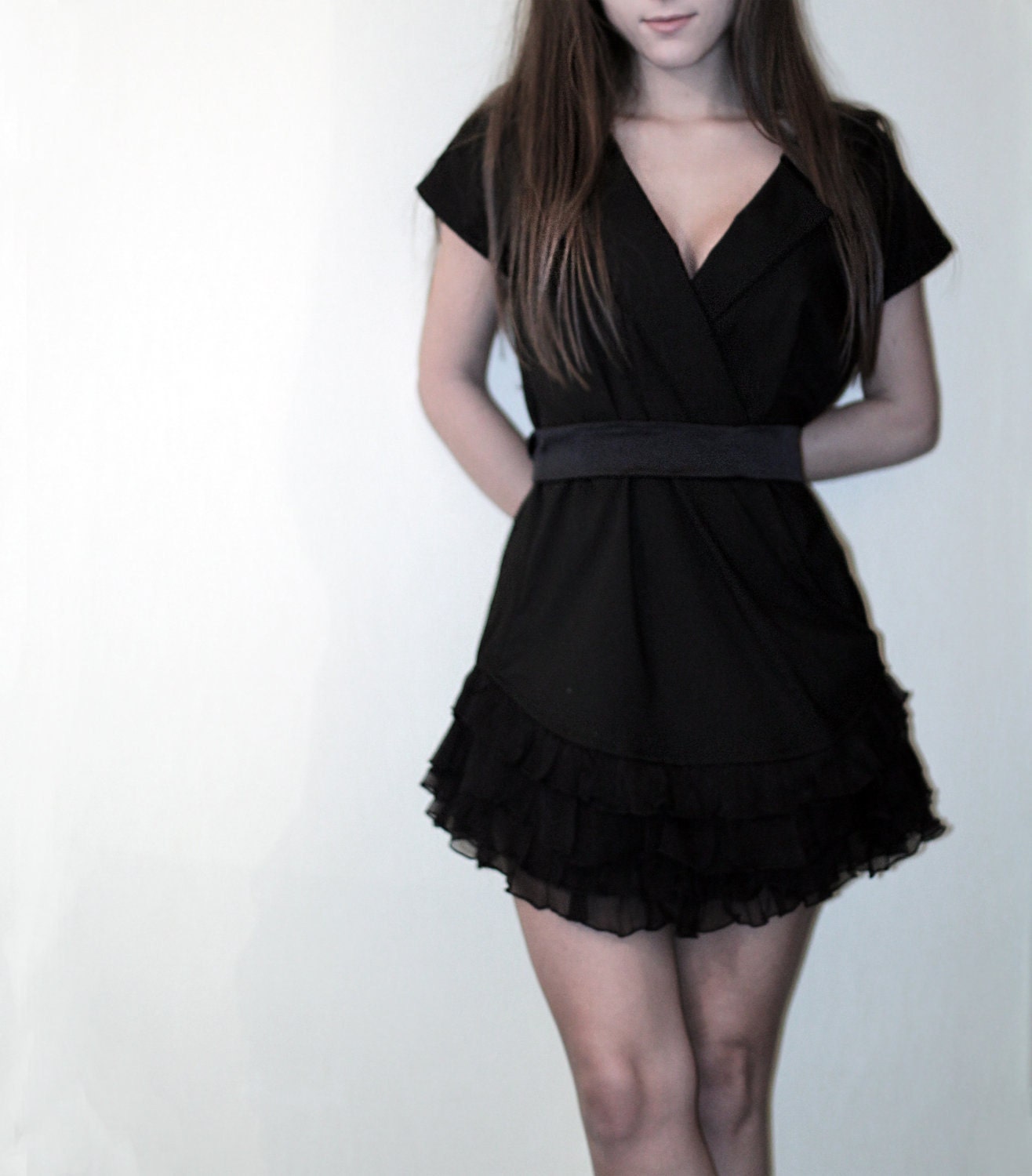 Black Wrap Dress with Silk Ruffles