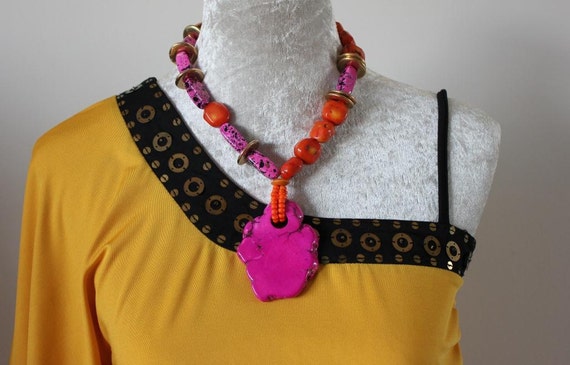 Vibrant Coral Necklace with Fushia Turquoise Nugget Pendant