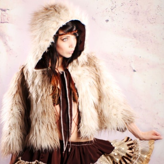 Gypsy Hood Cape cream brown Long faux Fur cloak shawl 70's Hippy Capelet Woodland Winter Wonderland Fairy coat Cosplay