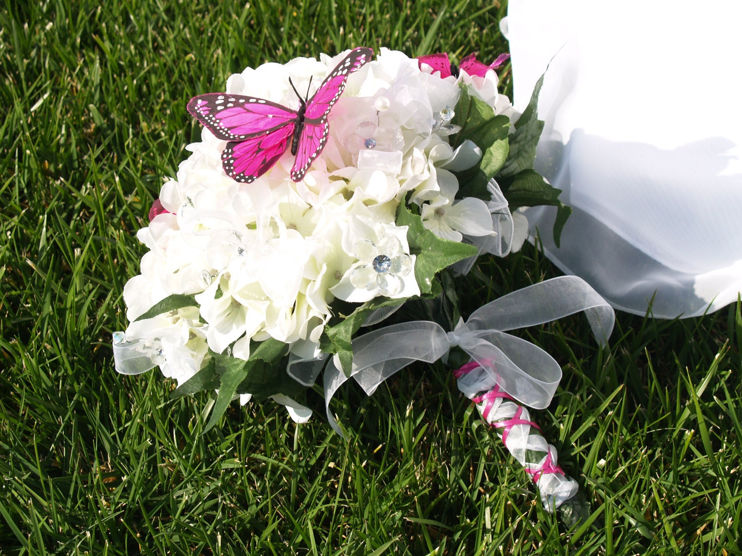 Spring Wedding Bouquet white beautiful hydrageas and hot pink butterflies