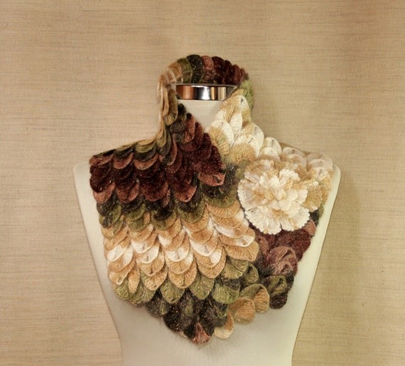 Flower of Desert /  Crochet Lace Chunky Scarf / Lace Flower Brooch / Cowl Wrap Neck Warmer / Army Green Brown Ivory  / Lace Fashion