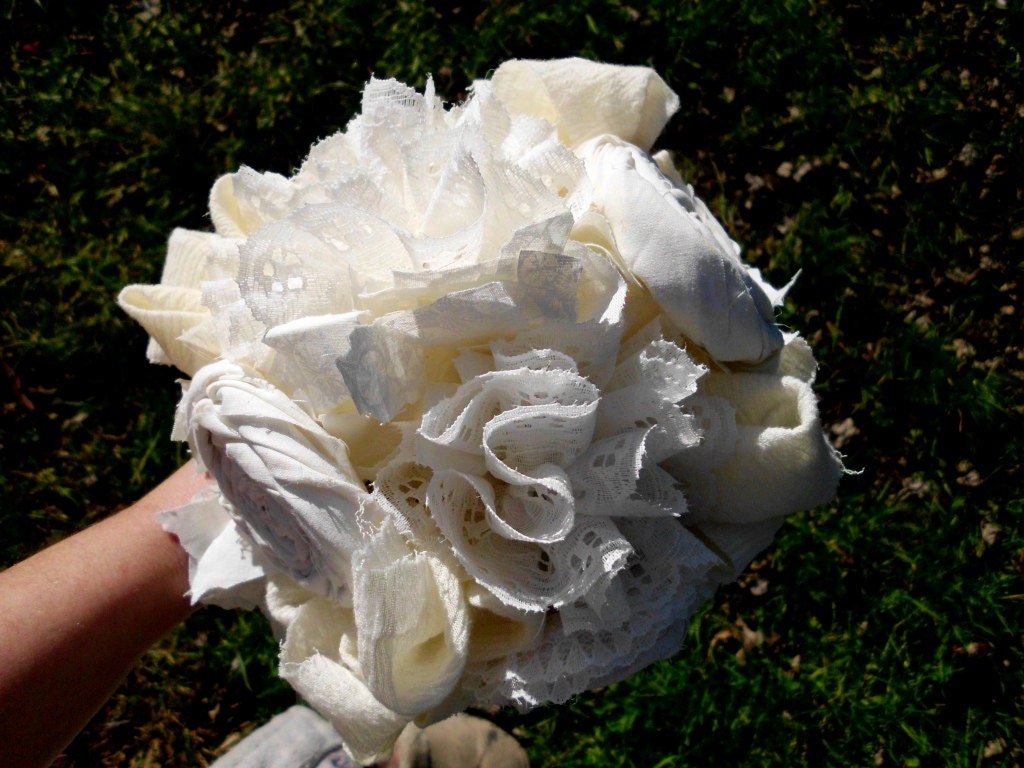 Bridal Bouquet Vintage inspired Cotton and Lace Cream Ivory Fabric Flower 