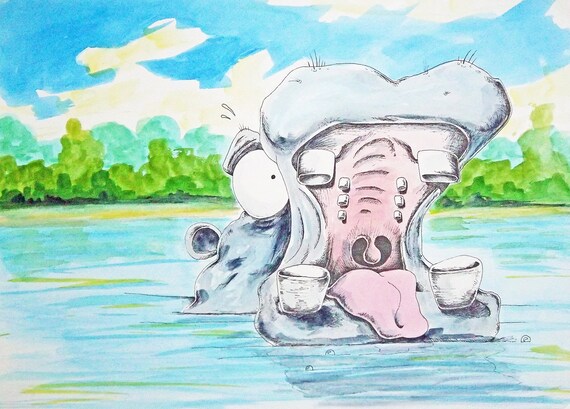 Original Watercolor Painting Page 8 9  from Children's Book Thunderful Hippo with Hiccups are Huge earth shakers