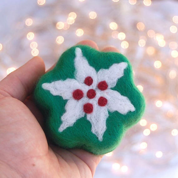 Felted Soap Green Soap with Holiday Flower (Hollyberry Scent)