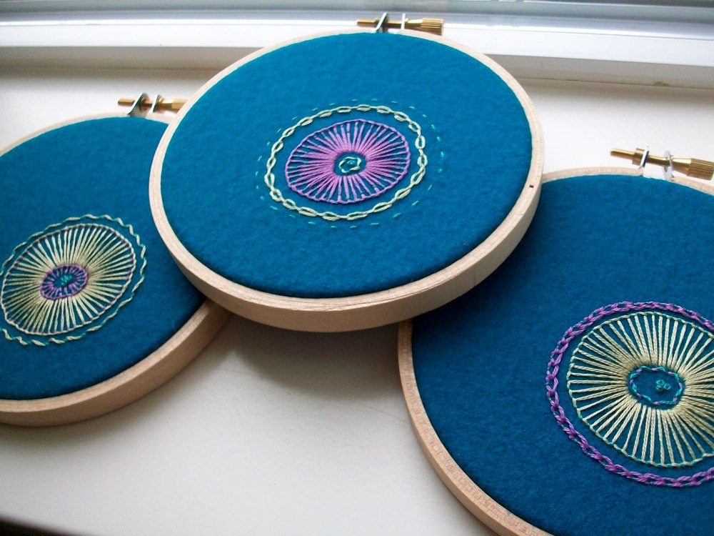 hand embroidered hoop art - freeform flower on repurposed pool table felt in 4 inch hoop by bo betsy - free shipping