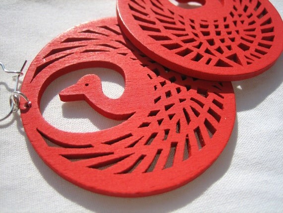Wood Phoenix Earrings in red
