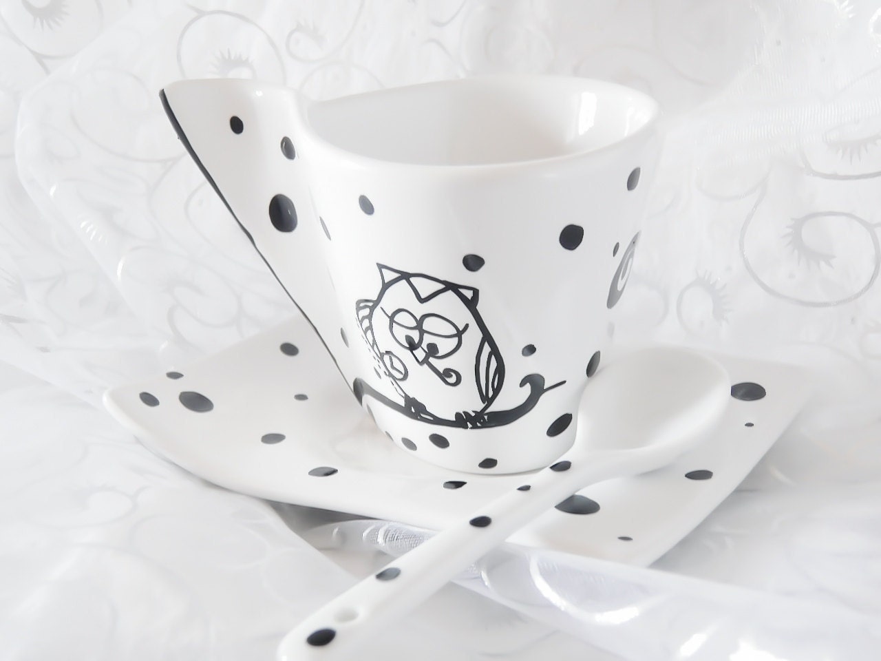 Espresso coffee cup, hand painted porcelain, two Cute Owls, Waiting for Santa on Christmas