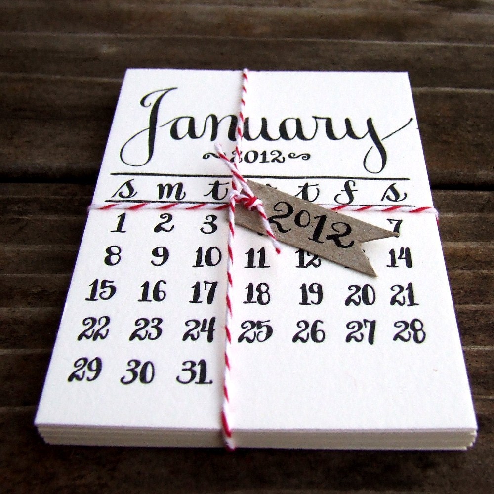 2012 Letterpress Calendar, Mini Calligraphy Desk Calendar, makes a super New Year's Eve Hostess Gift, FREE Priority Shipping Upgrade SALE
