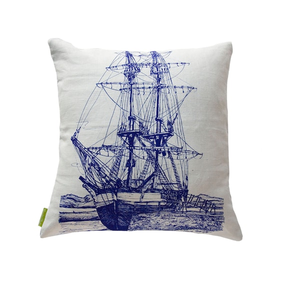 Yacht Cushion Sailing Nautical Pillow Blue and White Square Cover 18"