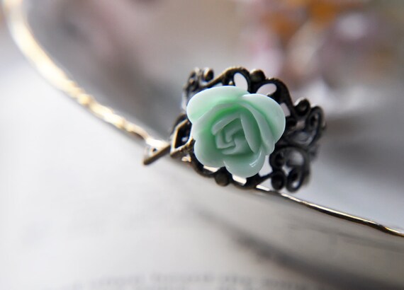 Mint Flower Antique Brass Filigree Adjustable Ring Band with Secret Garden Key Charm - Gift Wrapped - Wedding bridesmaids