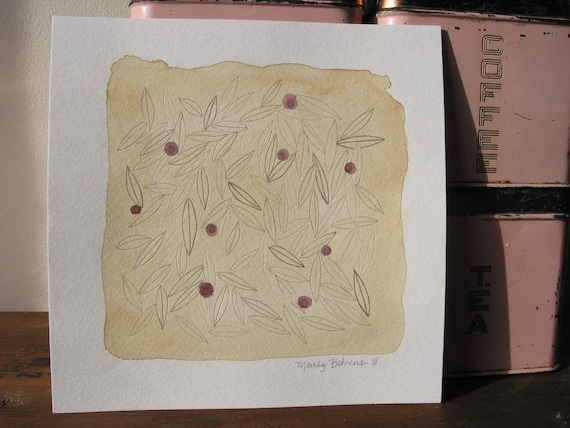 Random Berries No. 2 - Original Pencil and Ink Drawing of Boxwood Leaves and Wine Stained Berries on Coffee Stained Watercolor Paper
