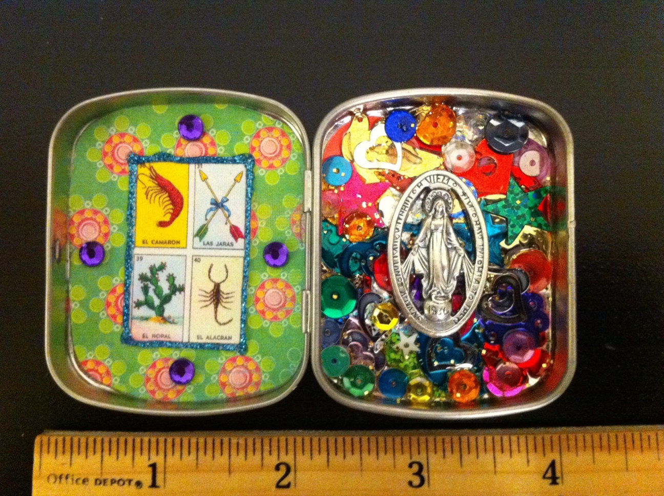 Virgin Mary Miraculous medal loteria mini shrine nicho tin box