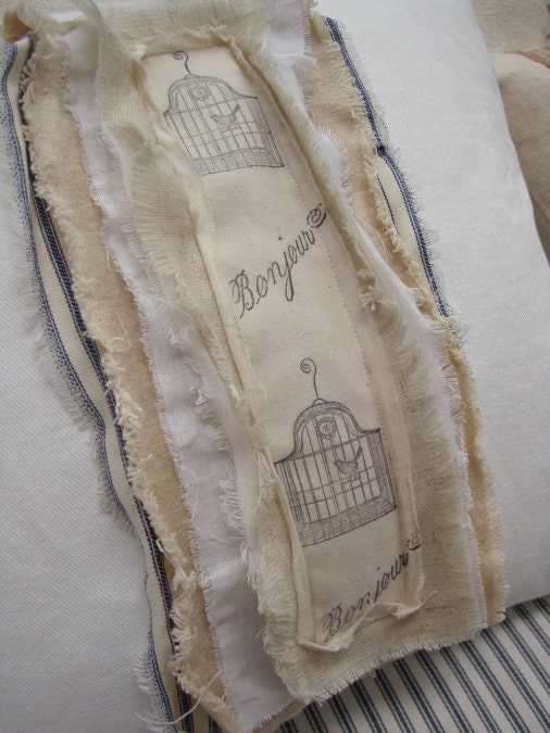 FrenCH PariS Bonjour  Distressed White Denim Cottage Shabby Chic Hand Ticking and Ribbon 16" PiLLow
