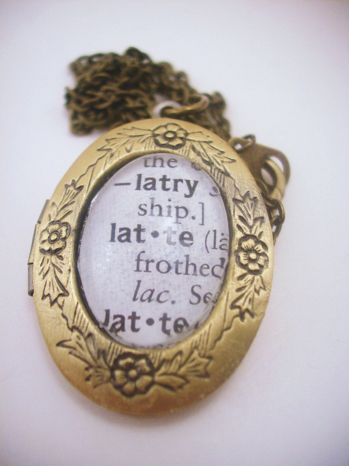 25 percent discount.Latte locket. Coffee lovers necklace. Vintage dictionary page. Paper. Antiquated gold toned jewelry. One of a kind gift.