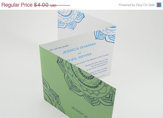 SAMPLE SALE Blue and Green Indian Wedding Invitation TriFold Card with
