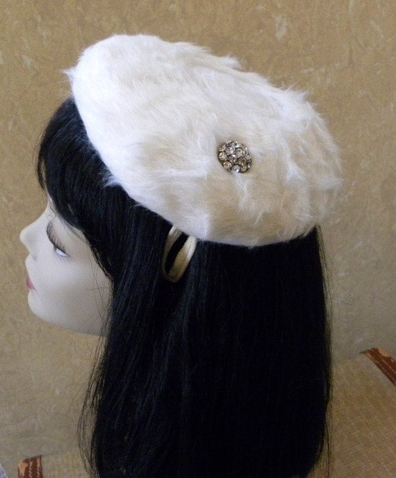 Vintage 1960s Winter White Faux Fur Hat -- Clip Style Beret Hat embellished with Rhinestones