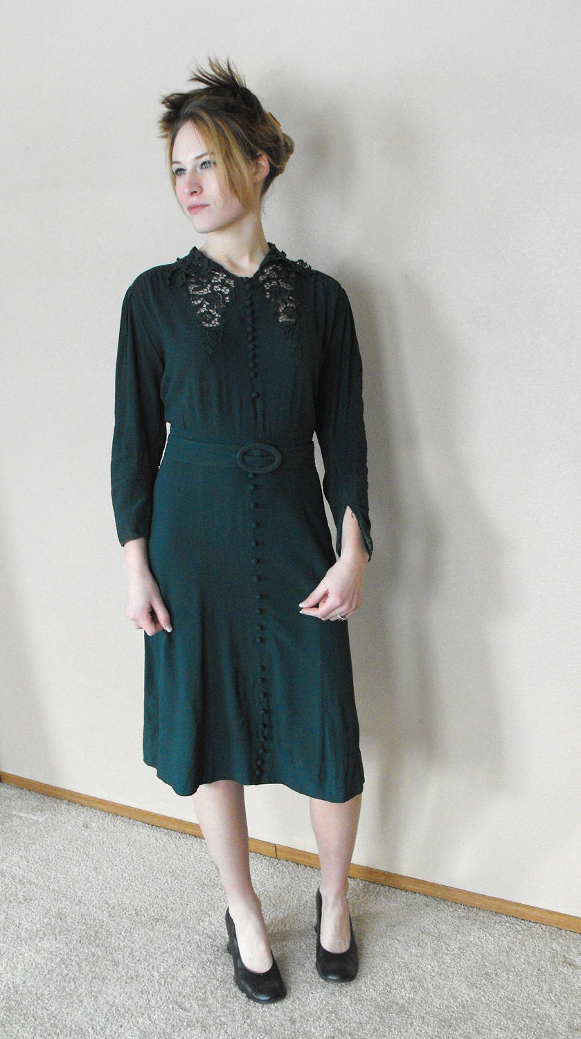 Vintage 30s Green Dress Lace Collar Smocked Holiday Christmas L XL
