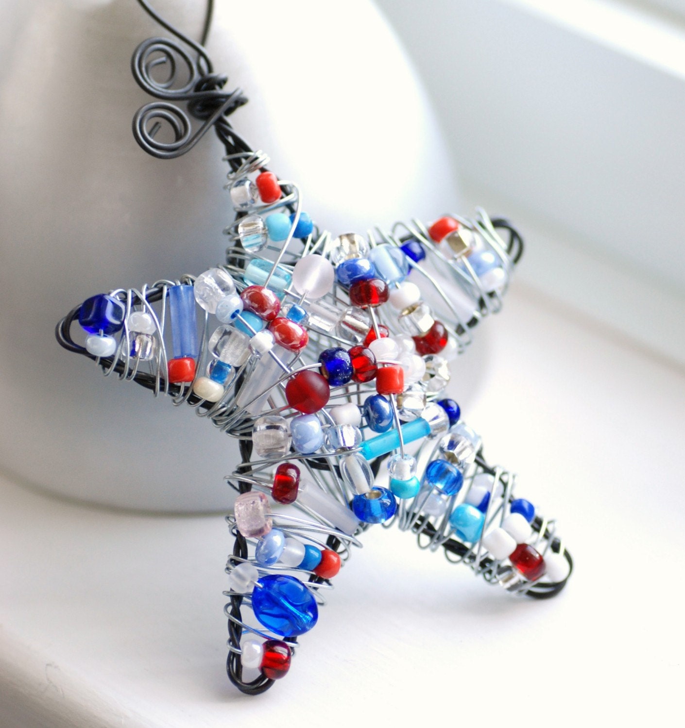 Stars and Stripes ... Red, White and Blue Patriotic Beaded Star Ornament, Decoration or Suncatcher