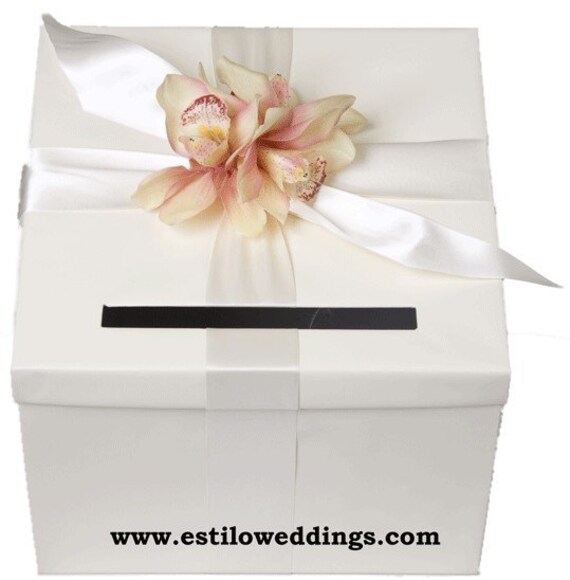 Ivory Wedding Gift Card Box with Ivory Satin Ribbon and Ivory Orchids