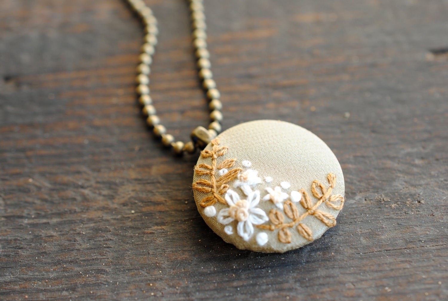 Woodland Embroidered Pendant, soft gold repurposed silk with ivory flowers