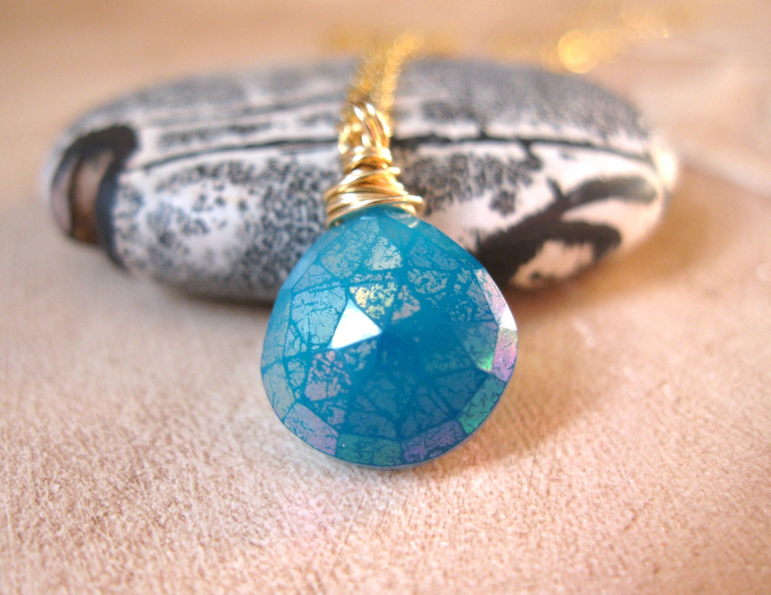Mystic Teal Chalcedony, Gold Necklace