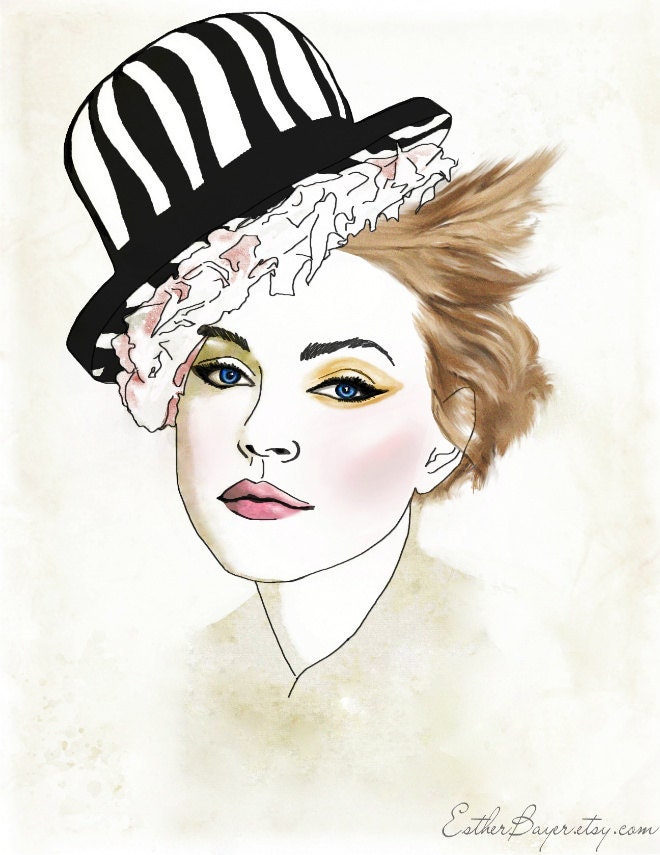 The Cat Eyes in the Hat -Fashion Illustration Drawing Mixed Media Fine Art Print