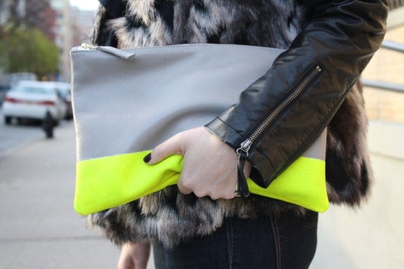 Neon Stripe Leather Clutch