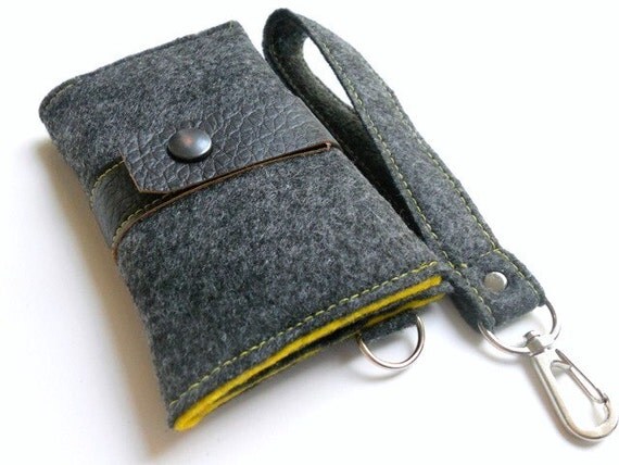 Cell phone Case Wallet in dark gray and yellow eco wool and brown vegan leather with Wrist Strap