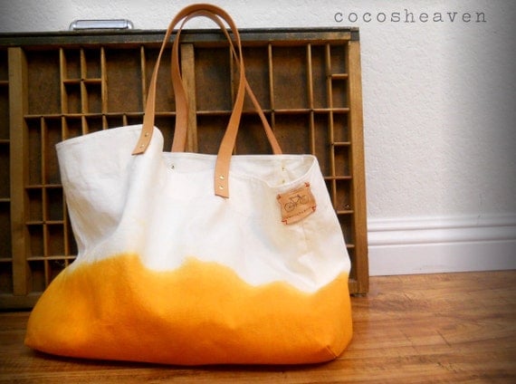 TOTE BAG..sunshine orange (with leather strap)....extra-large size - beach bag size (featured on Etsy)